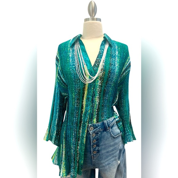 Maggie Barnes Teal and Yellow Striped Blouse - Picture 2 of 6